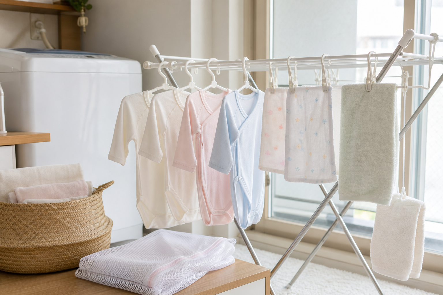 明るい室内で水通ししたベビー服とガーゼを間隔を空けて干す様子