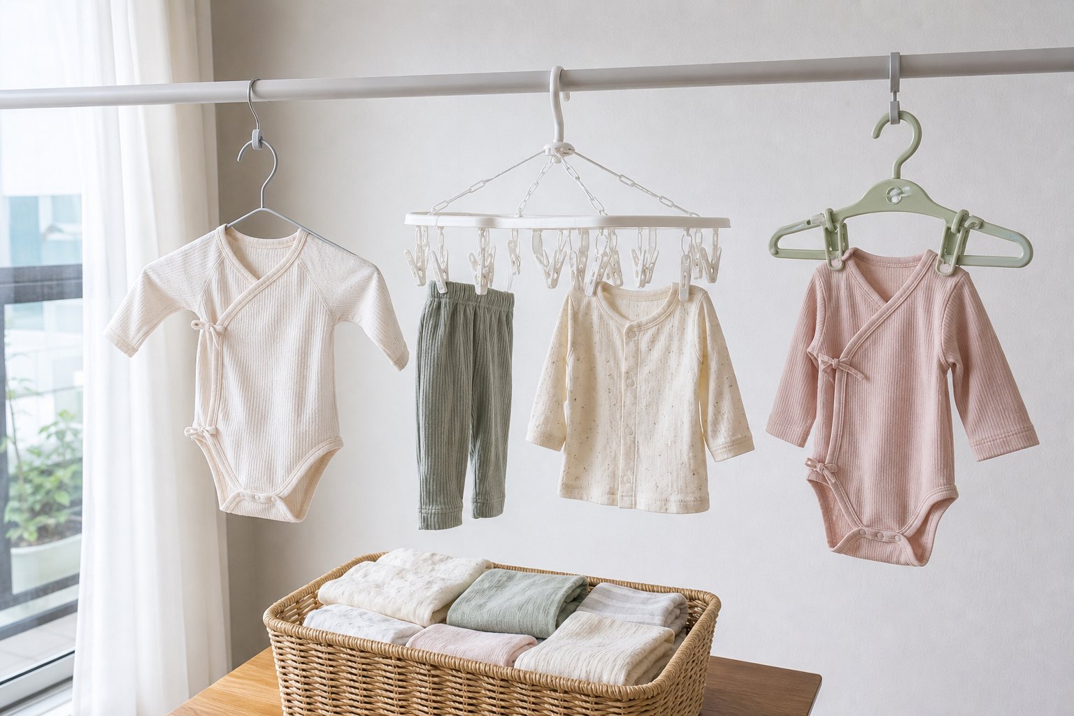 ベビー服を大人用ハンガー、洗濯ピンチ、子ども用ハンガーで干し分けた比較イメージ