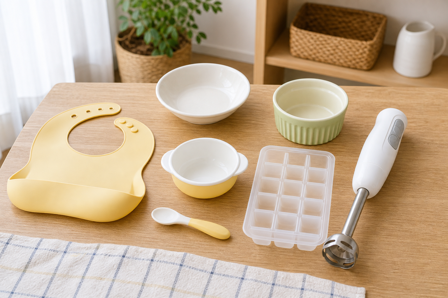 離乳食グッズと代用品を並べたキッチンのイメージ