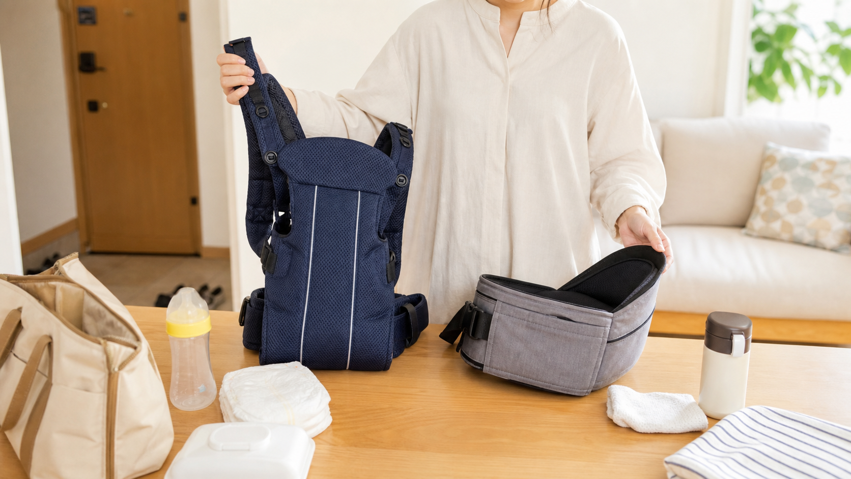 セカンド抱っこ紐とヒップシートを比べている家庭のイメージ